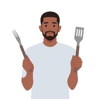 Chef or happy cook holding a grill tools spatula and fork. vector