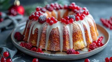 Bundt Cake With Icing and Cranberries on Plate photo