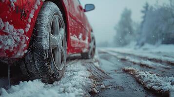 Yellow Car Driving Down Snowy Road photo