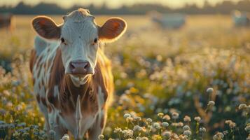 Cow Standing in Field of Yellow Flowers photo