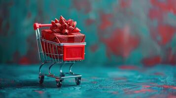 Miniature Shopping Cart With Wrapped Presents photo