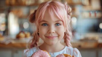 Little Girl With Pink Hair Holding a Donut photo