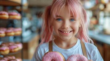 Little Girl With Pink Hair Holding a Donut photo