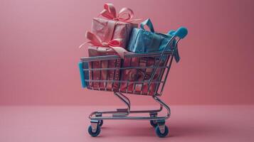 Shopping Cart Filled With Presents on Pink Background photo