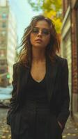 Woman in Black Suit and Sunglasses Standing on City Street photo