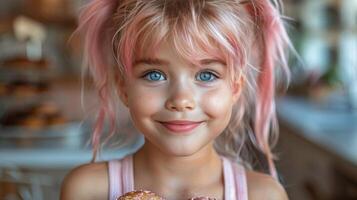 pequeño niña con rosado pelo participación un rosquilla foto