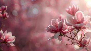 Close Up of Pink Flowers on a Tree Branch photo