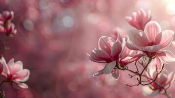 cerca arriba de rosado flores en un árbol rama foto