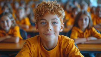 Young Boy Sitting at Desk in Front of Group of Children photo