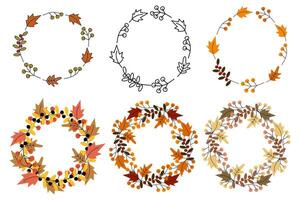 Round wreaths of autumn leaves and berry twigs Simple and lush border Set of 6 Template Copy space vector