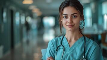 Woman in Scrubs and Stethoscope in Hospital Hallway photo