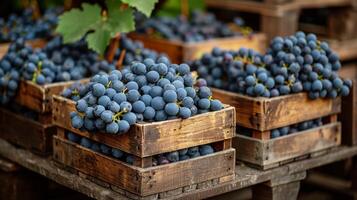Wooden Crates Filled With Blue Grapes photo