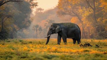 Elephant Walking Through Forest Filled With Leaves photo