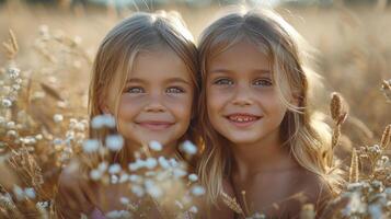 Two Young Girls Standing in a Field of Tall Grass photo