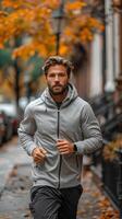 Man Running Down Sidewalk in Rain photo