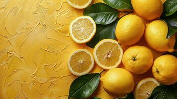 Fresh Lemons and Slices on Yellow Background photo