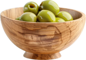 Green Olives in Wooden Bowl. png