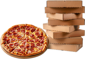 Stack of Pizza Boxes with Opened Pizza. png