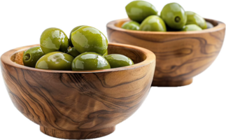 Green Olives in Wooden Bowl. png