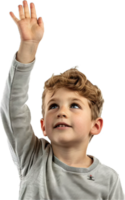 Young boy raising hand in classroom. png