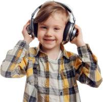 sonriente niña escuchando a música con auriculares. png