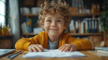 pequeño chico sentado a mesa con papel foto