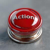 A red button with the word action written on it, symbolizing urgency or initiation of a process photo