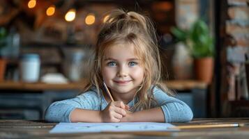 Little Girl Sitting at Table Holding Pencil photo