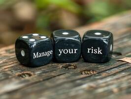 Manage Your Risk. Three black dices on a white background with the words manage your risk written on them photo