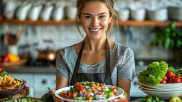 Woman Standing in Front of Food-Filled Counter photo