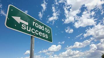 A road to success sign stands prominently against a clear blue sky, symbolizing progress and achievement photo