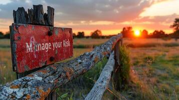 Manage Your Risk. A wooden fence featuring a bright red sign attached to it photo