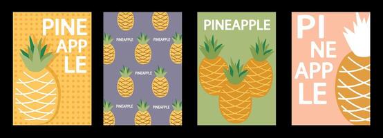 A set of labels, posters and price tags pineapple fruits berries in a bright minimalistic style. vector