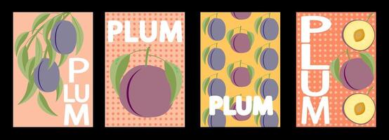 A set of labels, posters and price tags of plums, fruits and berries in a bright minimalistic style. vector