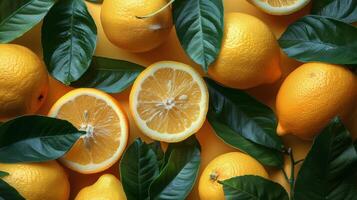 Fresh Lemons and Slices on Yellow Background photo