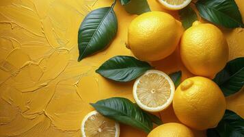 Fresh Lemons and Slices on Yellow Background photo