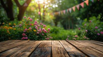 Wooden Table With Flowers and Bunting in Background photo