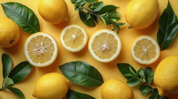 Fresh Lemons and Slices on Yellow Background photo