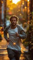 Man Running Down Sidewalk in Rain photo