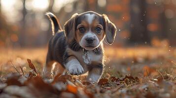 Brown and White Dog Running Through Forest photo