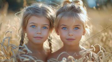 Two Young Girls Standing in a Field of Tall Grass photo