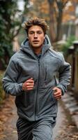 Man Running Down Sidewalk in Rain photo