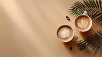 Two Cups of Coffee on Table With Palm Leaves photo