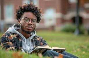 Man Sitting in Grass Reading Book photo