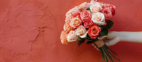 Person Holding Bouquet of Flowers Against Pink Wall photo