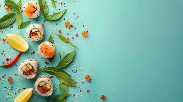 Sushi Rolls With Mint Leaves on Blue Background photo
