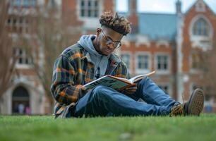 Man Sitting on Grass Reading Book photo