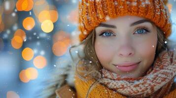 mujer vistiendo invierno sombrero y bufanda foto