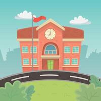 school building with clock and road vector