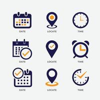 Date time location icon set. Even the element symbol designs are blue and orange vector